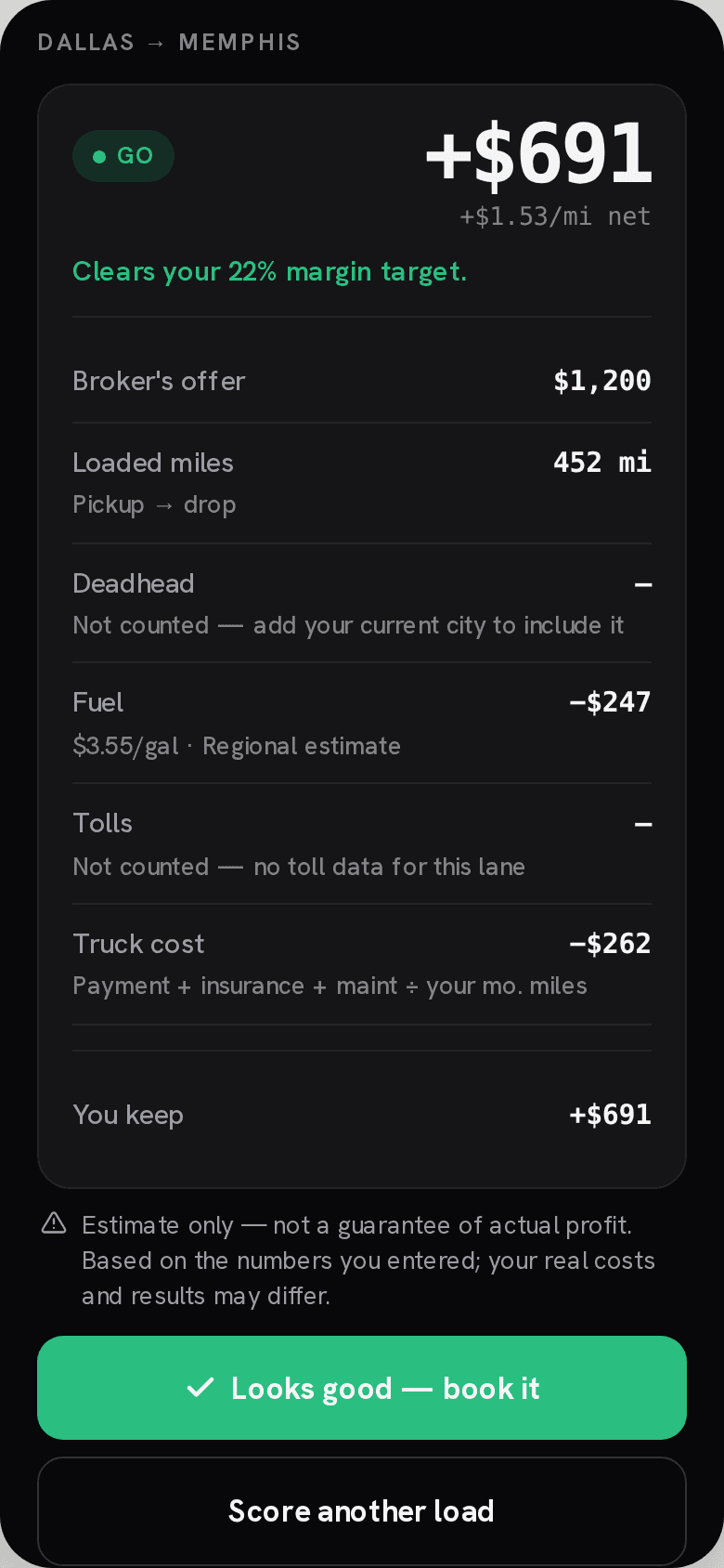 Sample score for a Dallas to Memphis load in the TruckerProfits app